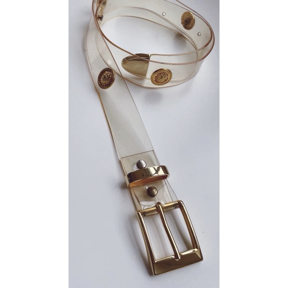 Vintage 80s Clear Vinyl Belt Gold Medallion Medusa Style Buckle Statement Retro